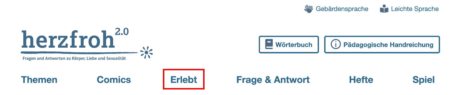 Abbildung der Kopfzeile mit rot markierter Überschrift "Erlebt"