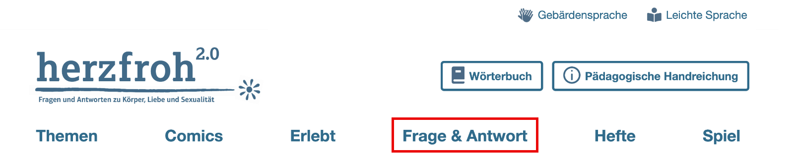 Abbildung der Kopf-Zeile mit rot markierter Überschrift "Frage und Antwort"