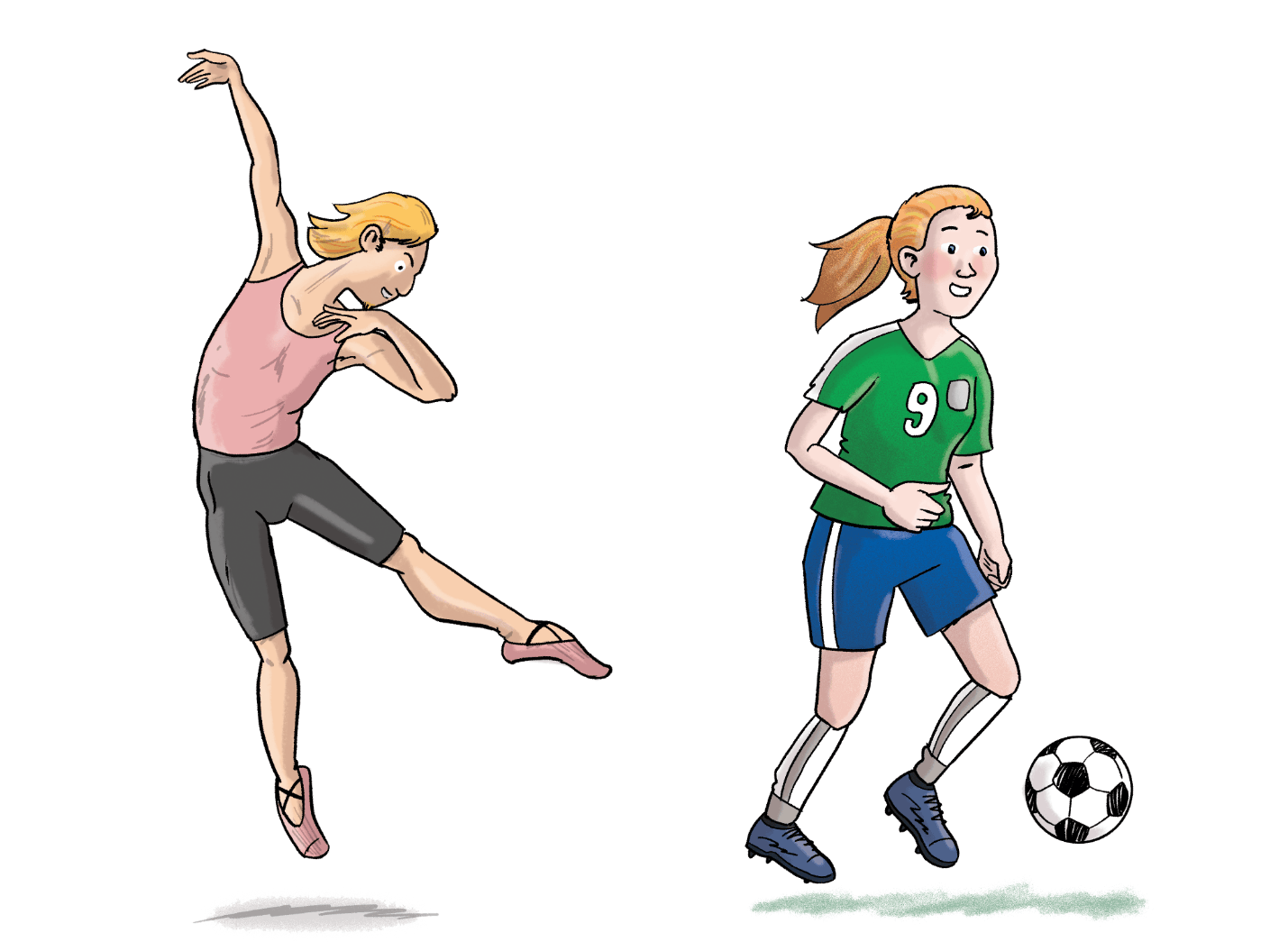 Illustration: Junge beim Ballett, Mädchen beim Fußball spielen