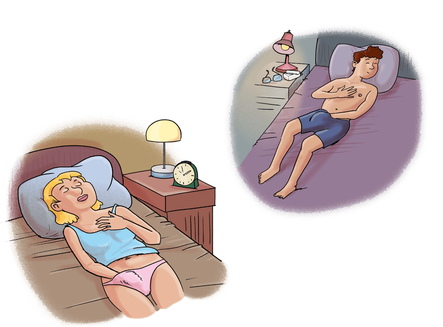 Illustration: Ein Junge und ein Mädchen liegen in ihrem Bett und masturbieren