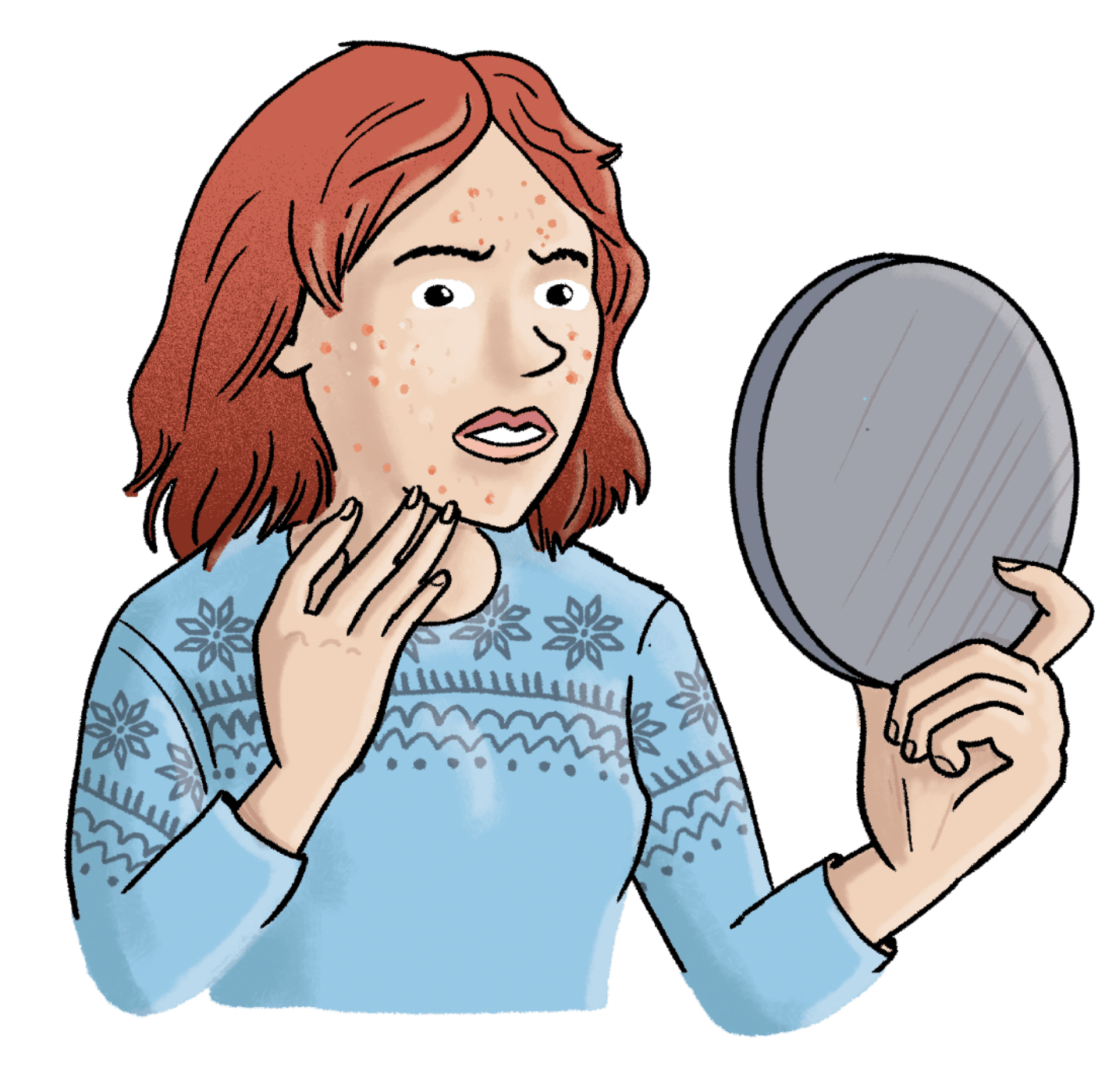 Illustration: Eine Person mit Pickeln im Gesicht schaut in einen Handspiegel.