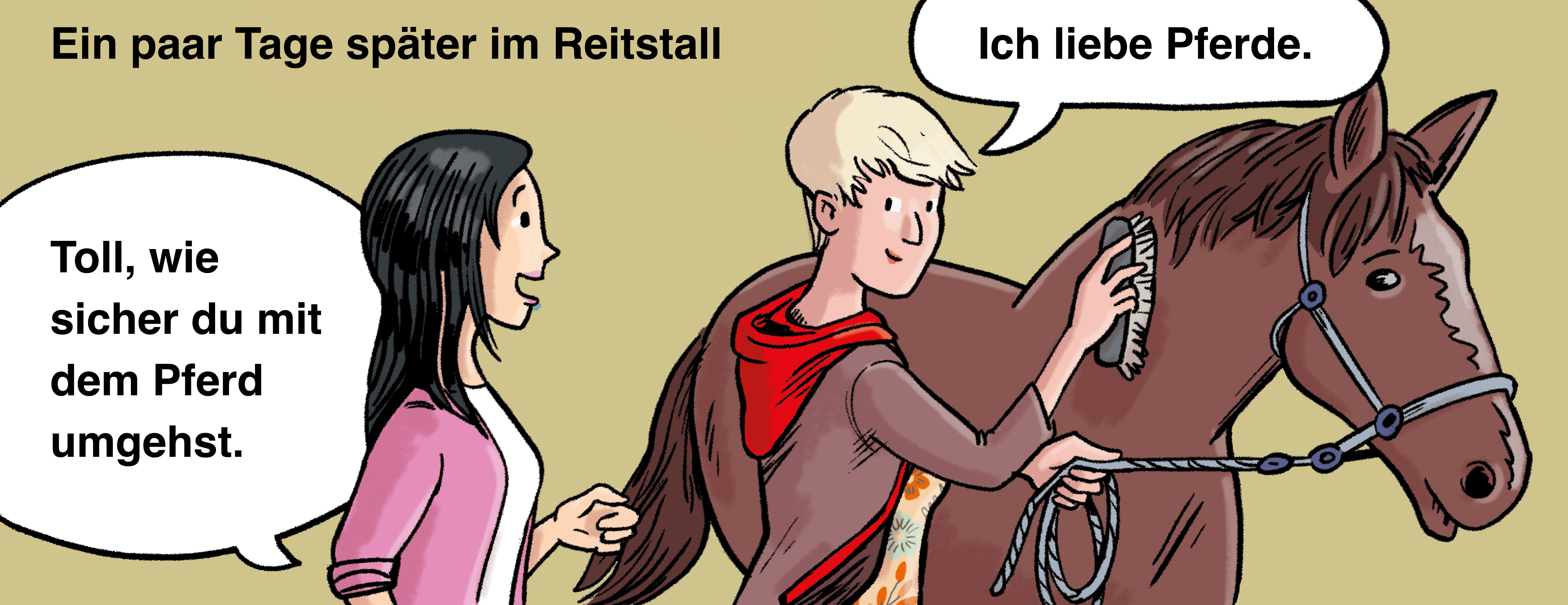 Illustration: Hanna putzt ein Pferd und Tami schaut zu.