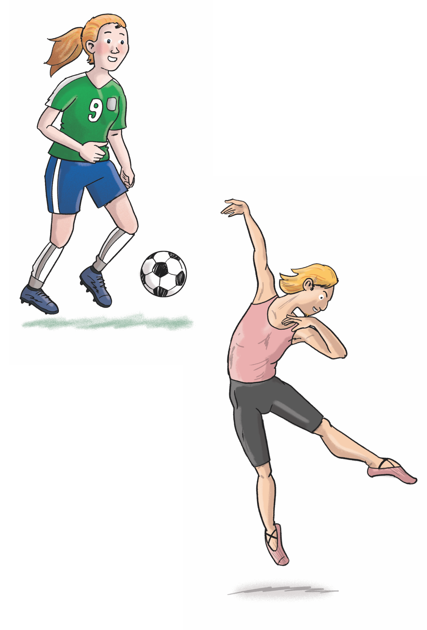 Illustration: Mädchen beim Fußball, Junge beim Ballett