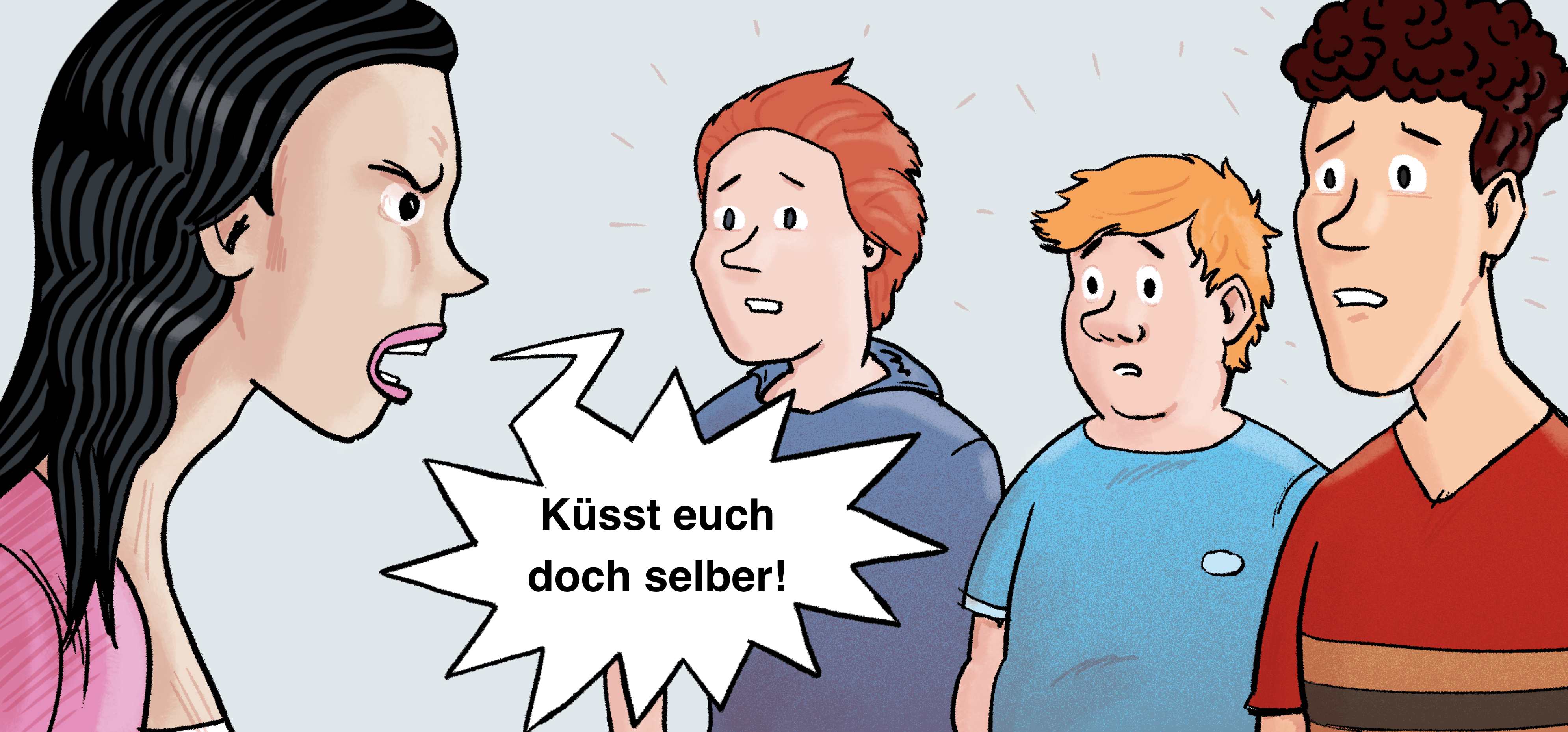 Illustration: Tami schreit wütend drei Jungen an.