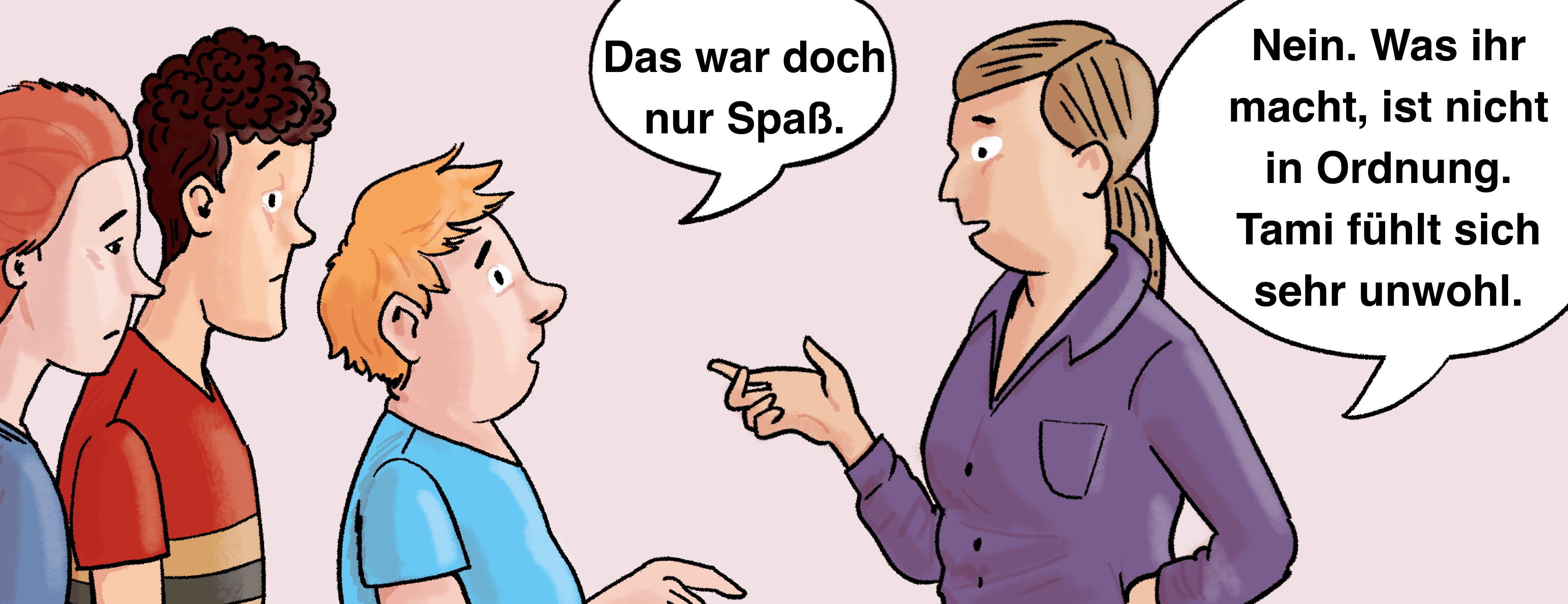 Illustration: Tamis Lehrerin spricht mit drei Jungen.