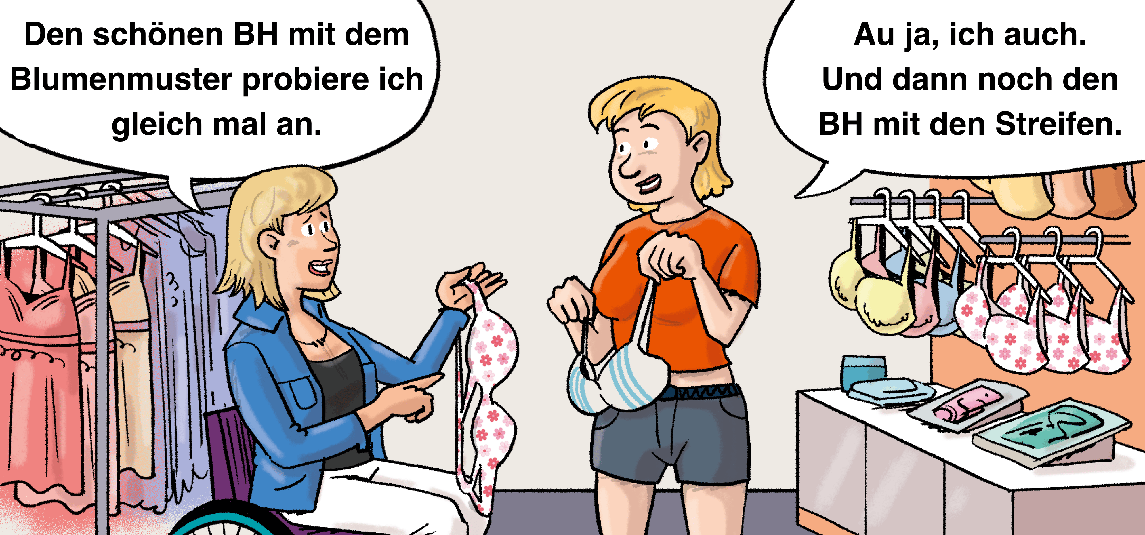 Illustration: Rosa und Marina halten BHs in der Hand.