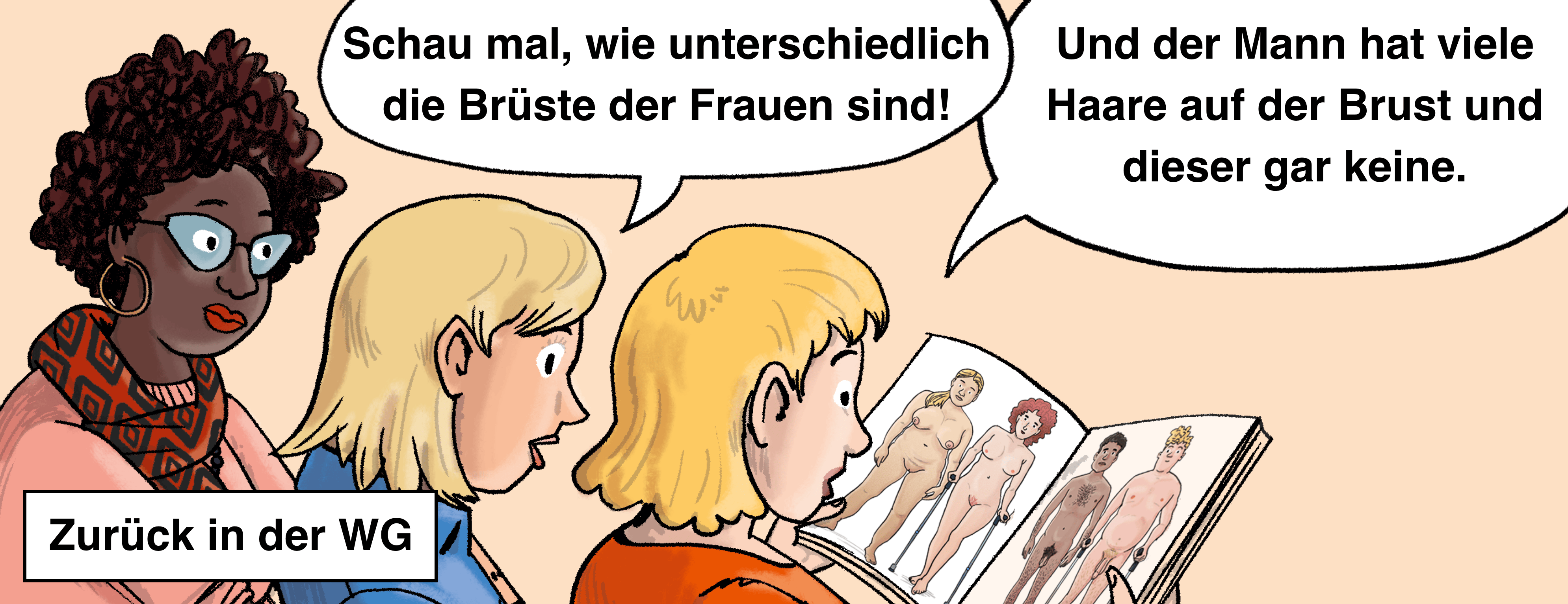 Illustration: Laura, Rosa und Marina schauen sich ein Buch mit Bildern von nackten Menschen an.