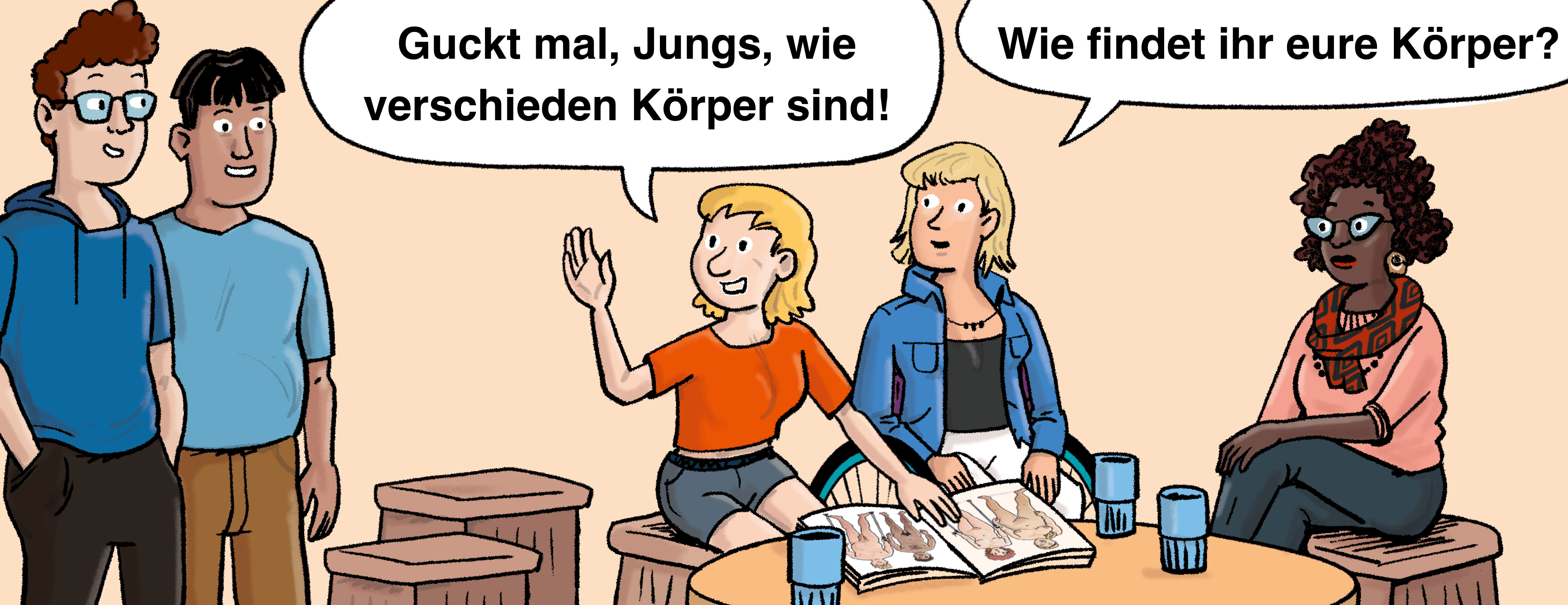 Illustration: Laura, Marina und Rosa sitzen an einem Tisch - Sven und Murat kommen dazu.