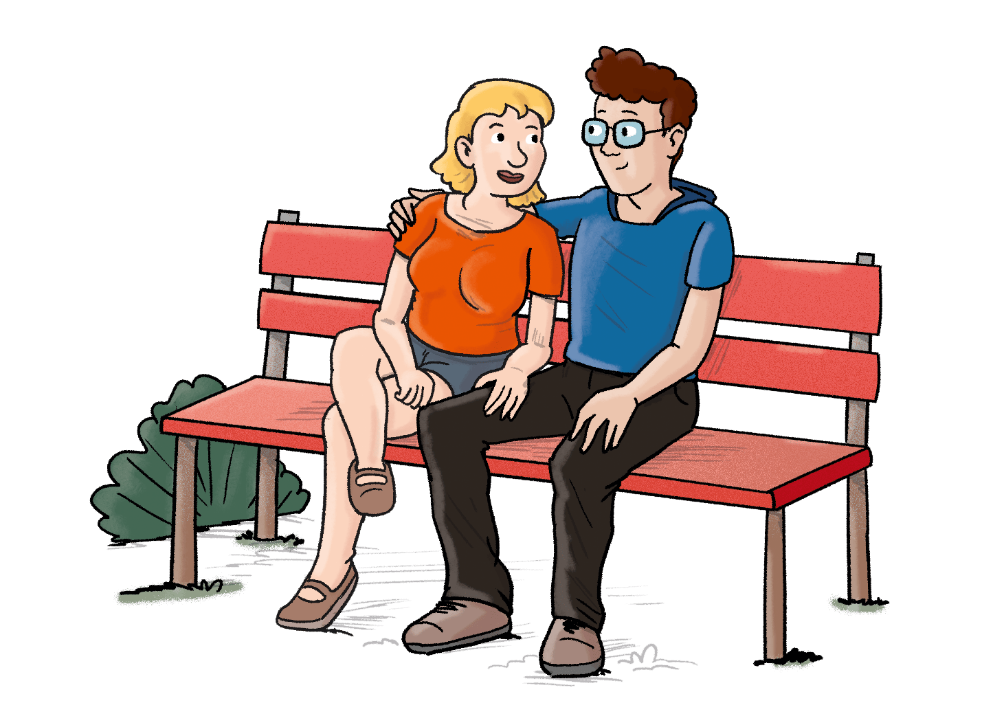 Illustration: Marina und Sven sitzen auf einer Bank.