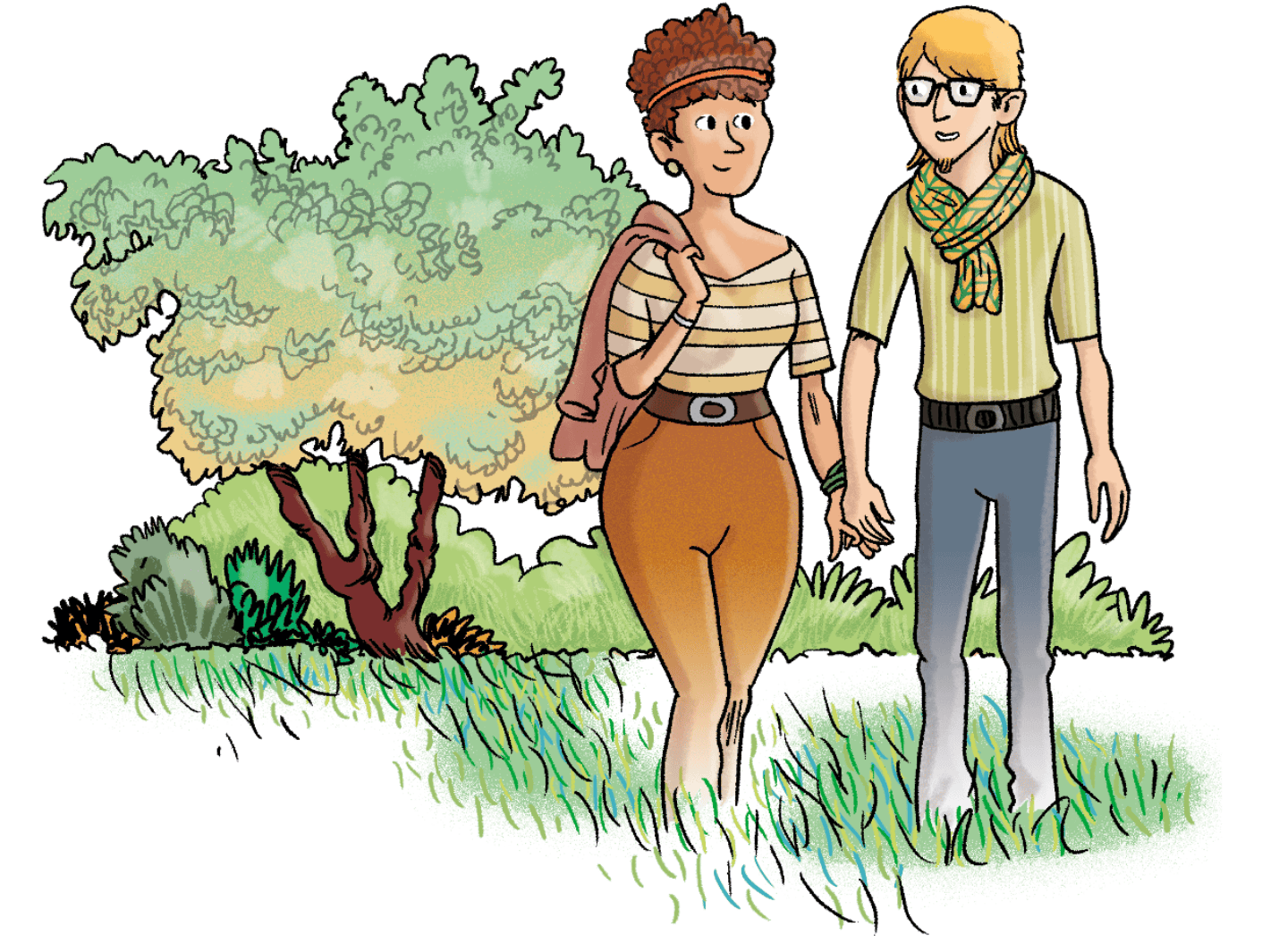 Illustration: Ein Paar geht in der Natur spazieren.