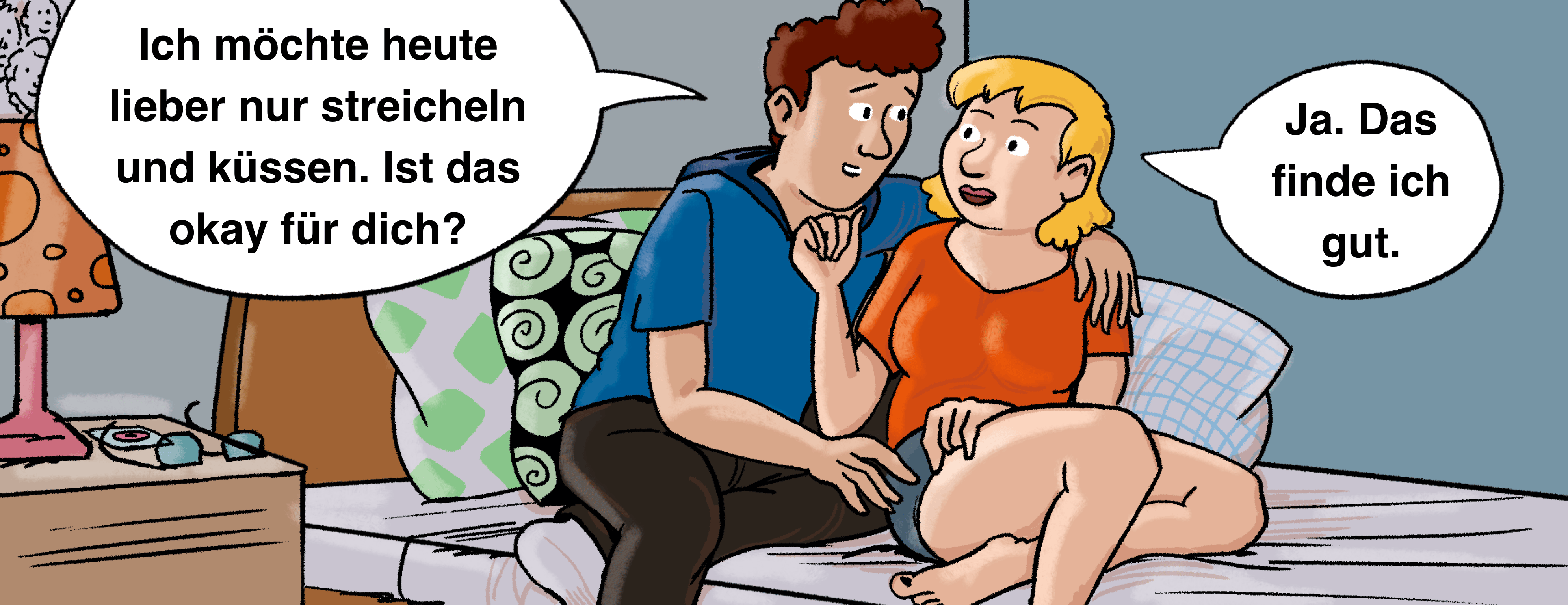 Illustration: Sven und Marina sitzen eng zusammen auf Svens Bett.