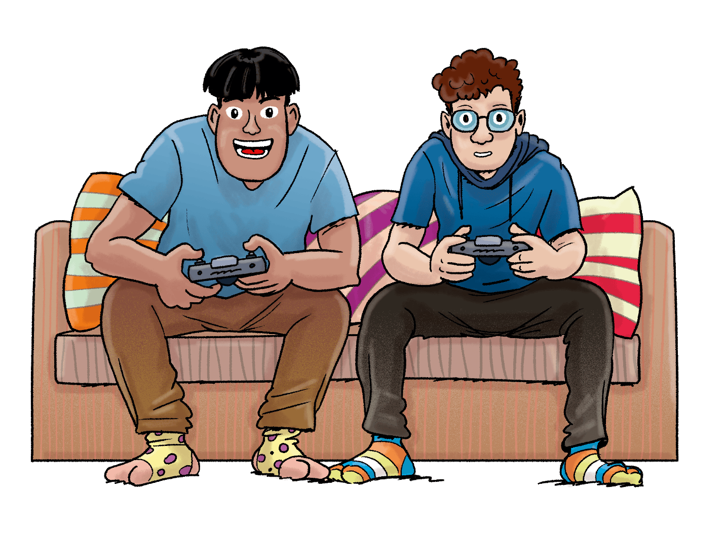 Illustration: Murat und Sven sitzen auf einem Sofa und spielen Computer