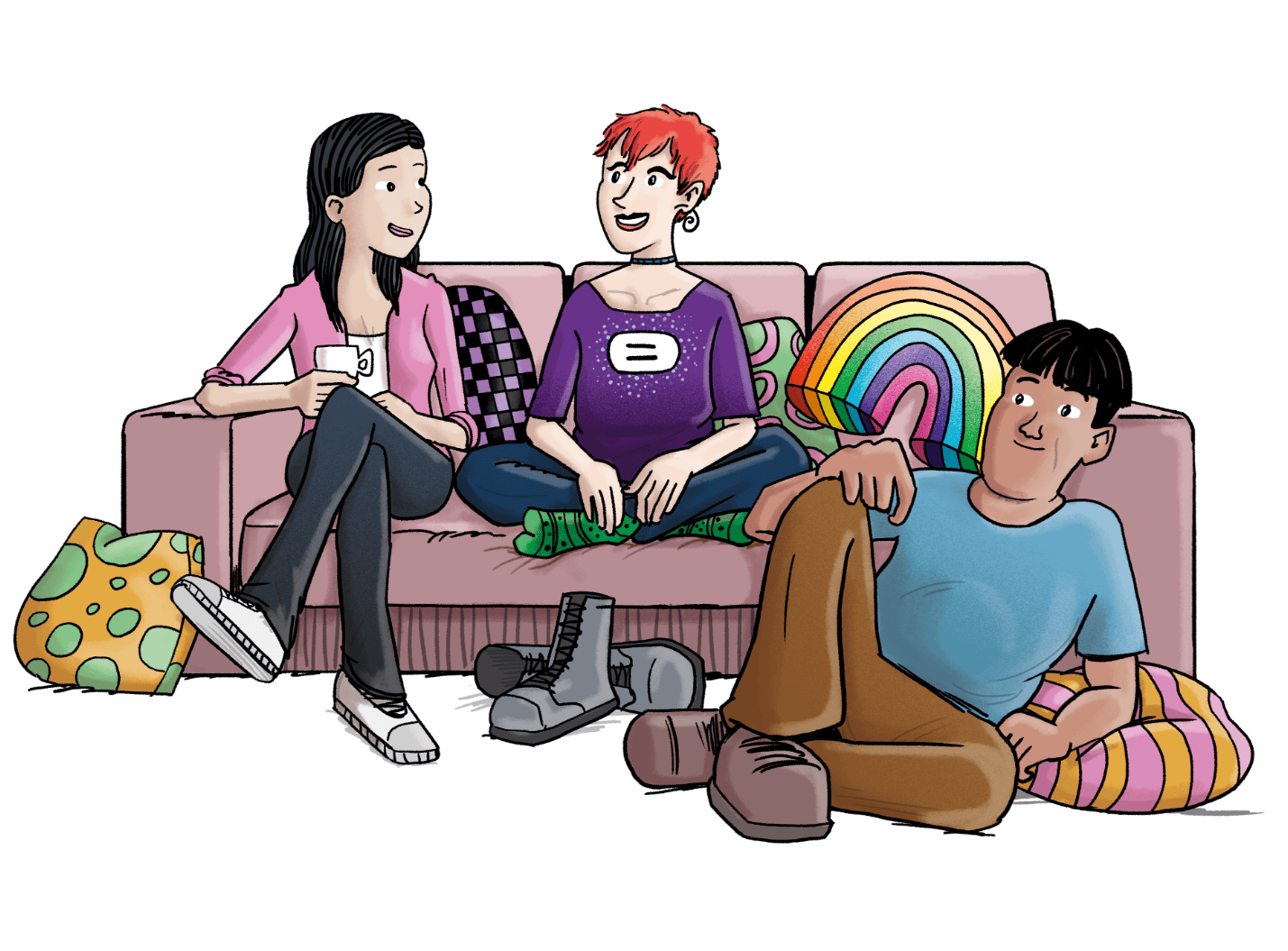 Illustration: Tami und Nic sitzen auf einem Sofa, Murat liegt bequem davor