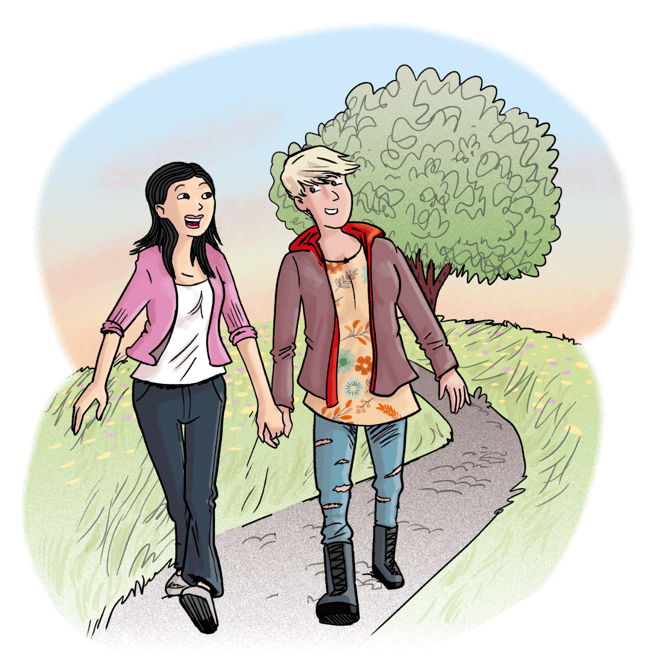 Illustration: Hanna und Tami gehen Hand in Hand spazieren