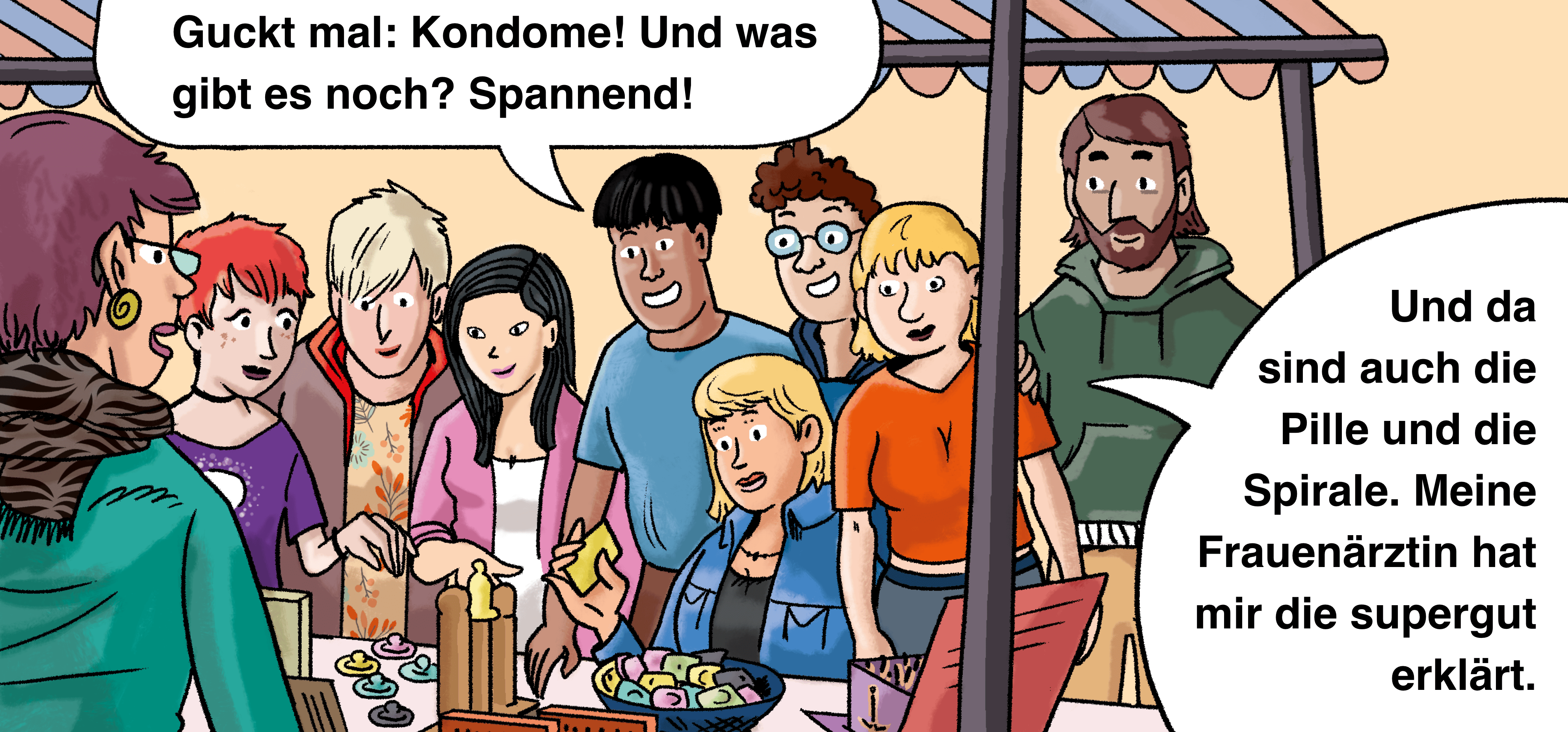 Illustration: Die Gruppe an einem Stand mit Verhütungsmitteln