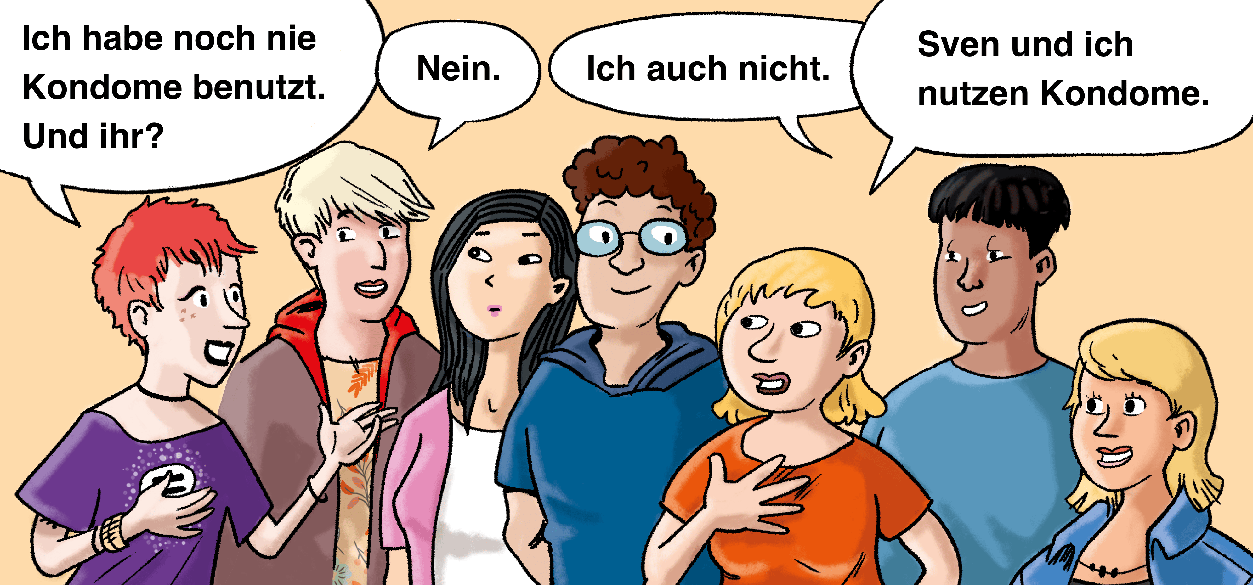 Illustration: Nic, Hanna, Murat und Marina unterhalten sich.