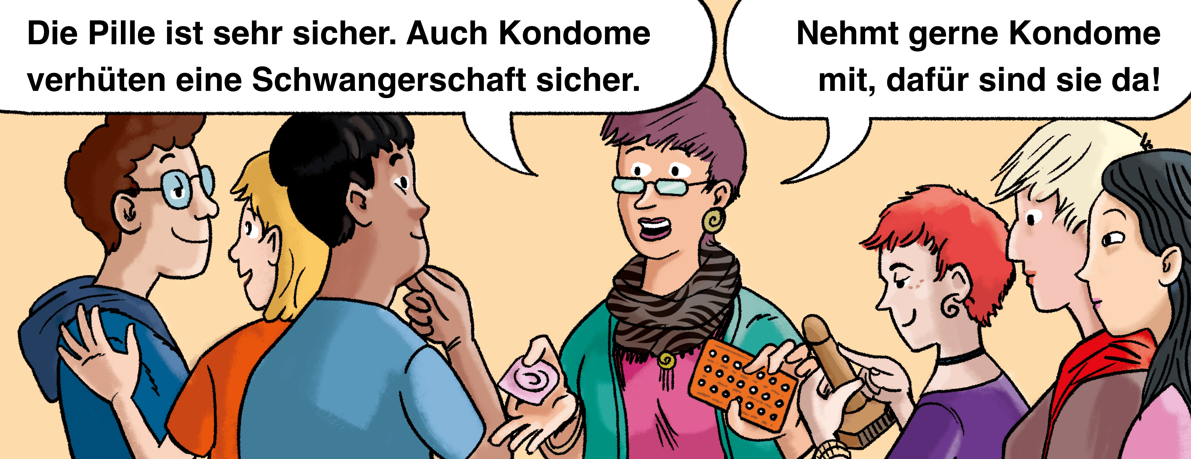 Illustration: Eine Gruppe schaut sich am Infostand Verhütungsmittel an.