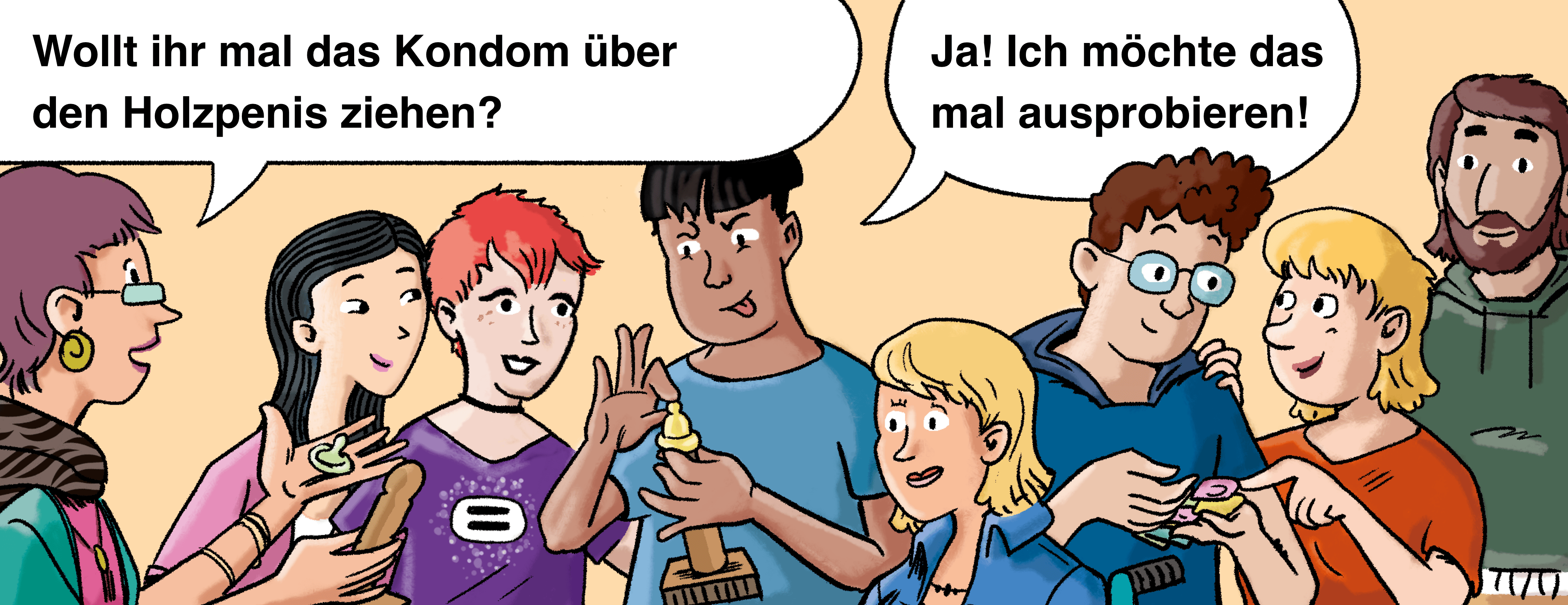 Illustration: Murat versucht, das Kondom über den Holzpenis zu ziehen.