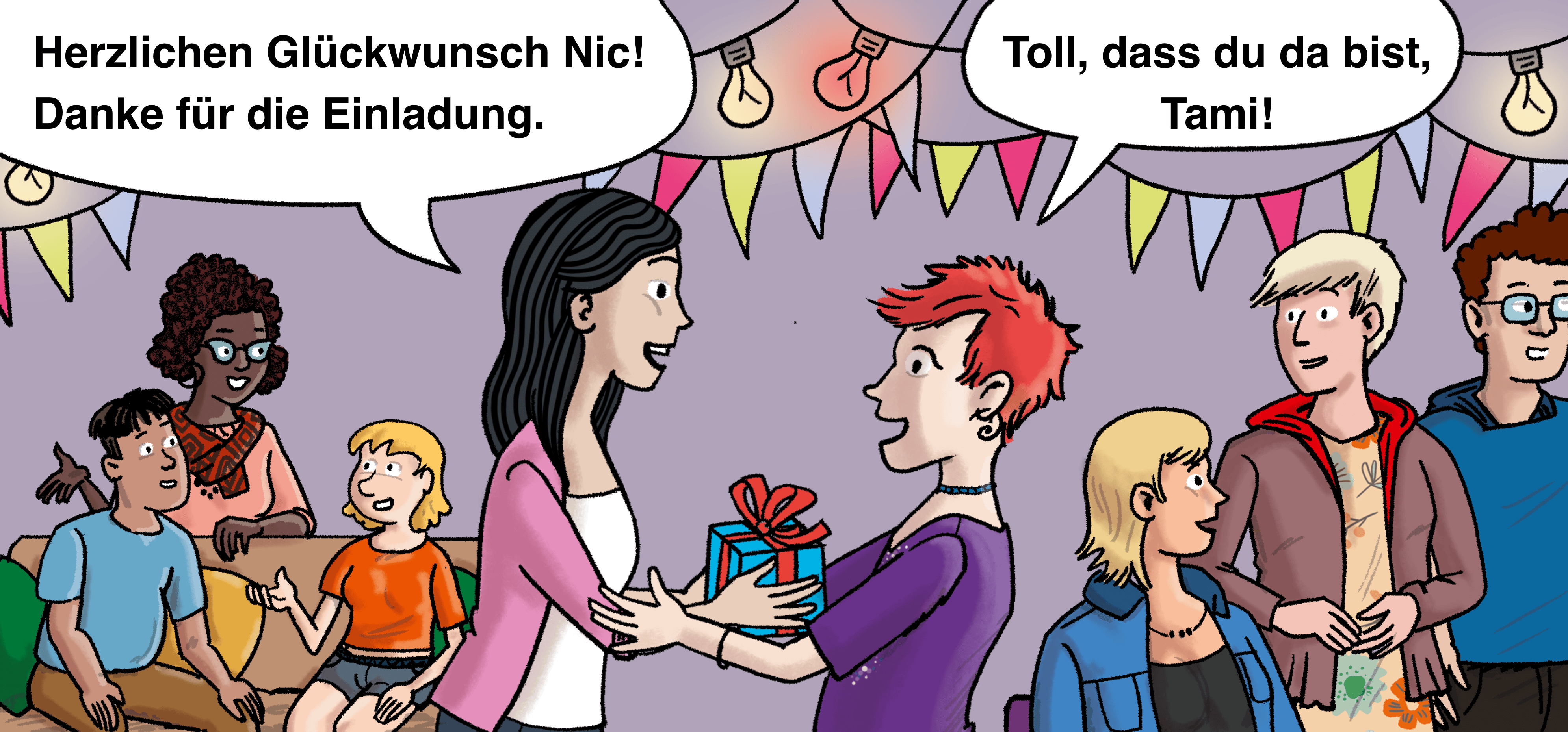 Illustration: Tami überreicht Nic ein Geburtstagsgeschenk.