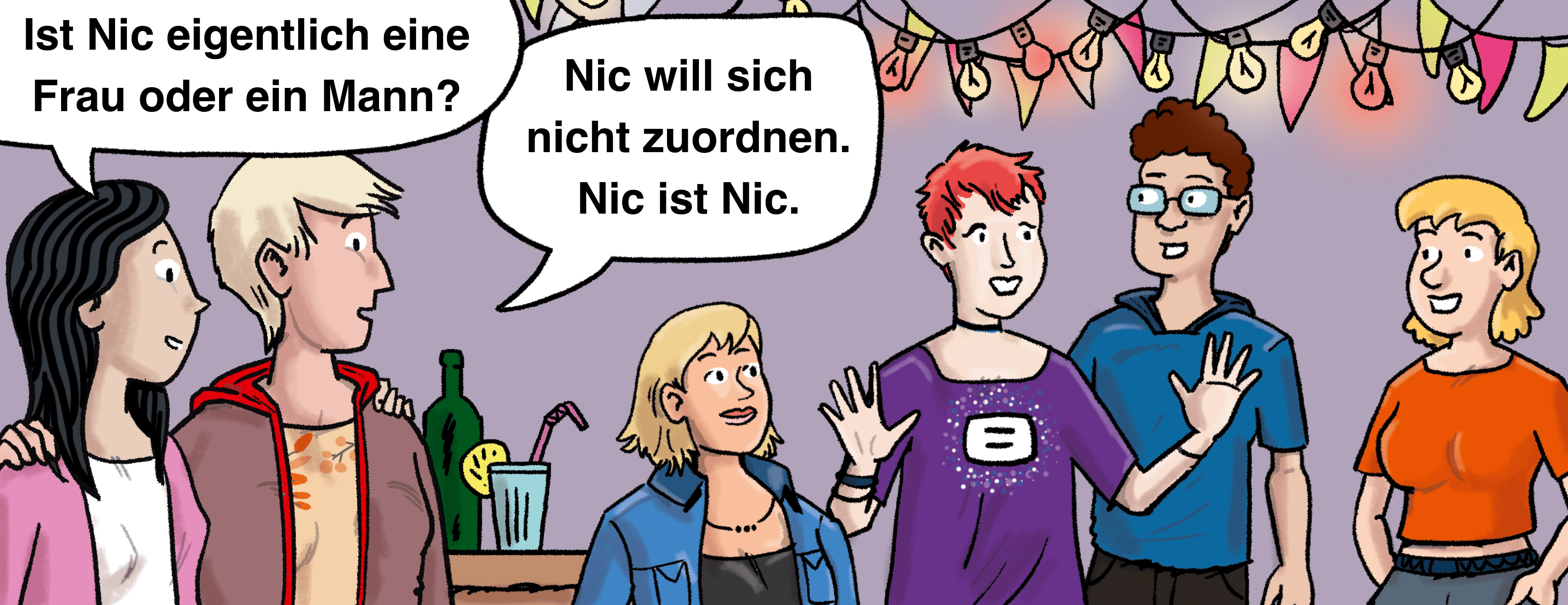 Illustration: Tami und Hanna unterhalten sich über Nic.